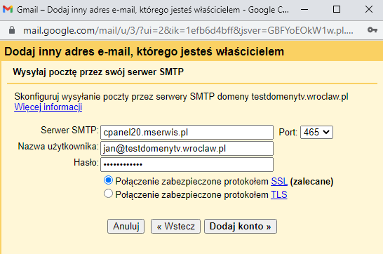 Integracja z Gmail - ustawienia serwera smtp